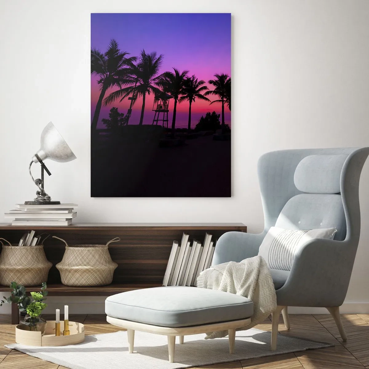 Quadro su vetro - Silhouette di palme contro un cielo al tramonto rosa-viola - 70x100cm - Sera sotto le palme - Decorazione murale moderna per soggiorno e camera da letto ARTTOR