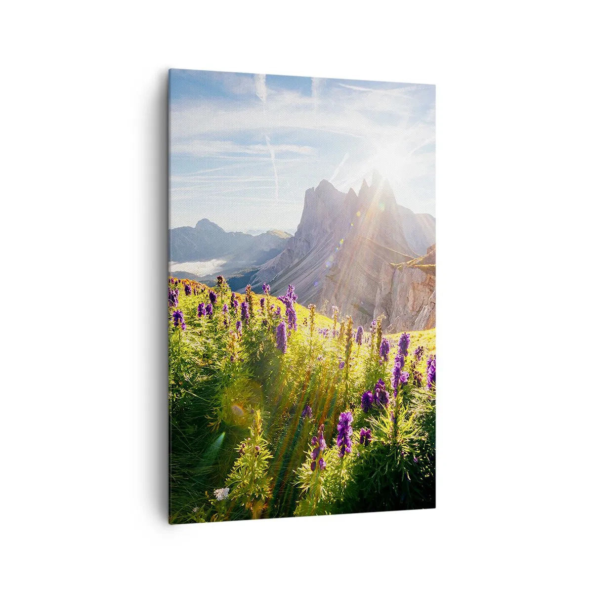 Quadro su tela - Stampe su Tela - Paesaggio montano con fiori alla luce del sole nascente - 80x120cm - La vita segreta delle erbe - Decorazione murale moderna per soggiorno e camera da letto ARTTOR