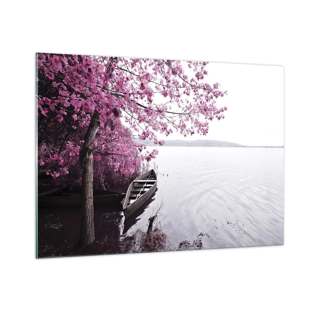 Quadro su vetro - Una barca sulla riva con un albero rosa sull'acqua - 100x70cm - Nel silenzio rosa - Decorazione murale moderna per soggiorno e camera da letto ARTTOR