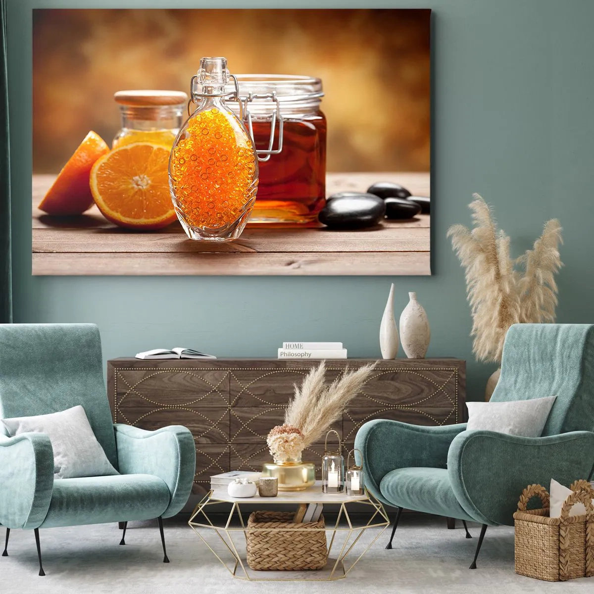 Quadro su tela - Stampe su Tela - Una bottiglia di liquido ambrato e arance fresche - 120x80cm - Il gusto e l'aroma del sole - Decorazione murale moderna per soggiorno e camera da letto ARTTOR