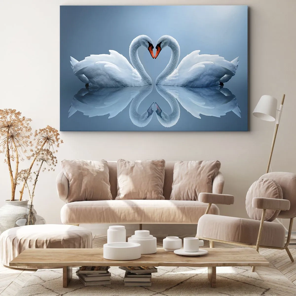 Quadro su tela - Stampe su Tela - Due cigni formano un cuore su una superficie calma dell'acqua - 100x70cm - Il tempo dell'amore - Decorazione murale moderna per soggiorno e camera da letto ARTTOR
