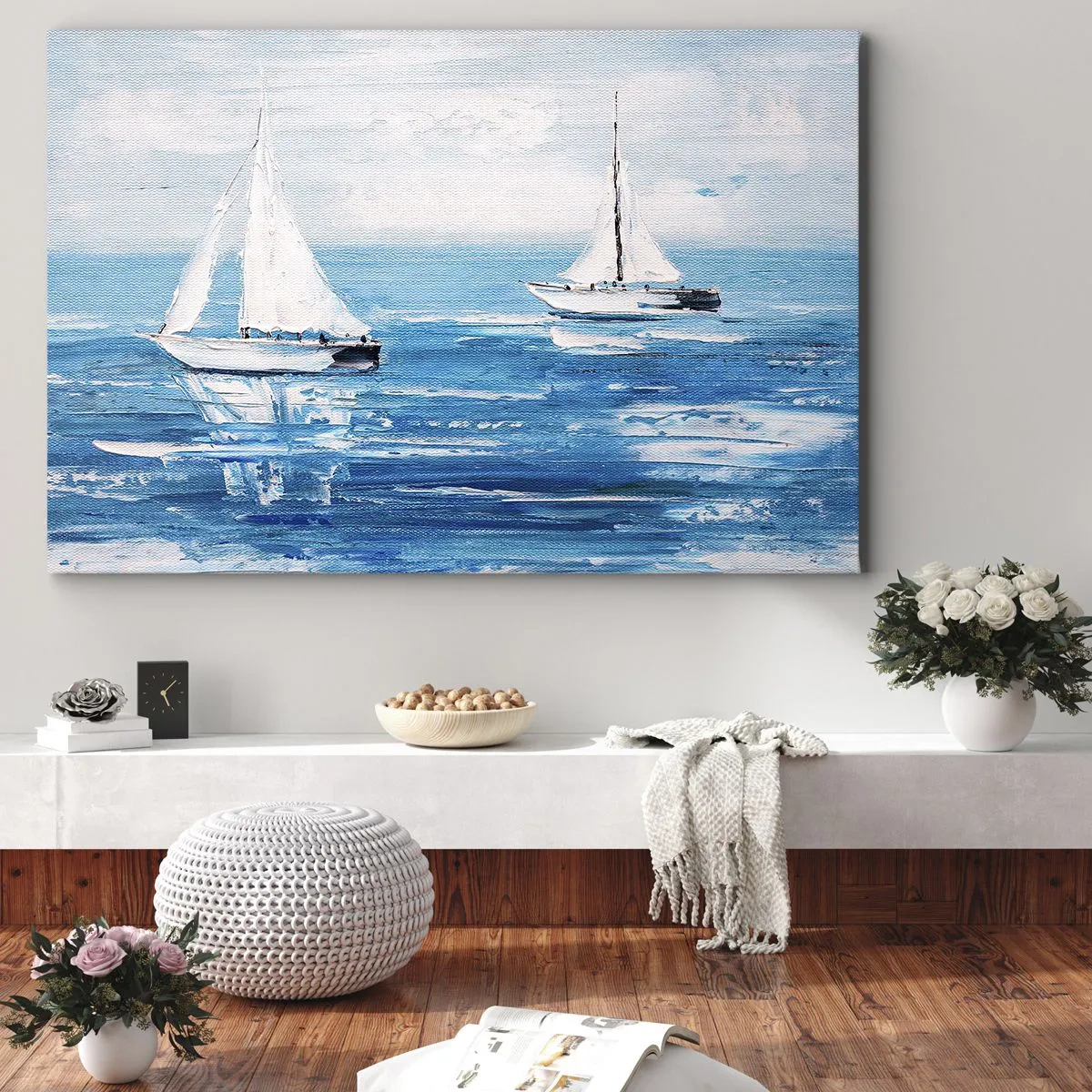 Quadro su tela - Stampe su Tela - Yacht sul mare blu in stile artistico - 100x70cm - Con un amico al fianco - Decorazione murale moderna per soggiorno e camera da letto ARTTOR