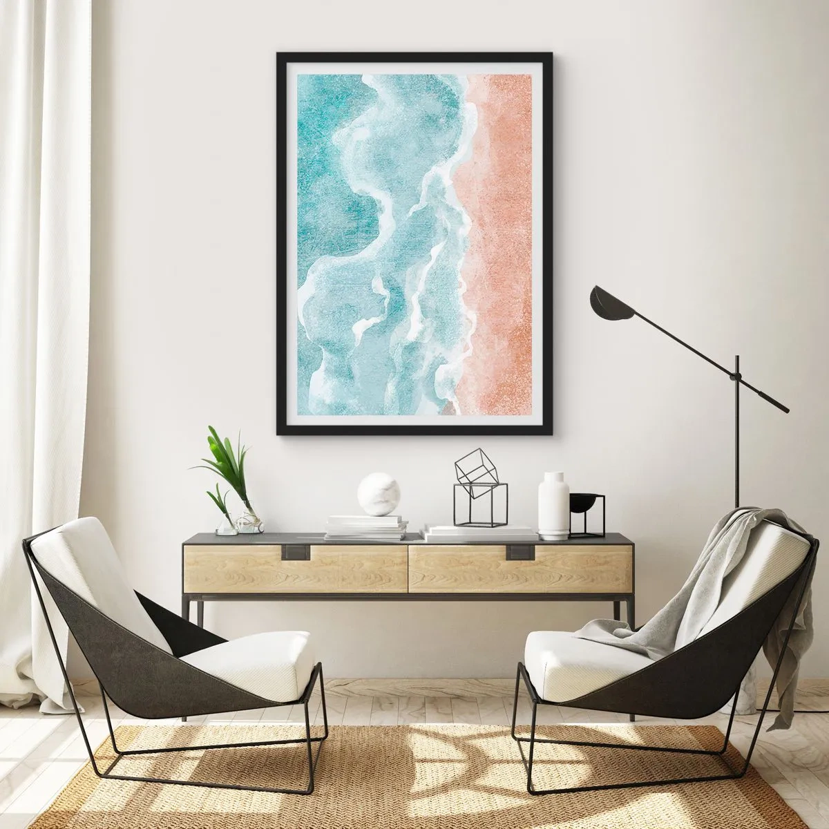 Poster in cornice nera - Le onde dell'oceano incontrano la spiaggia sabbiosa - 50x70cm - Astrazione nebulosa - Decorazione murale moderna per soggiorno e camera da letto ARTTOR
