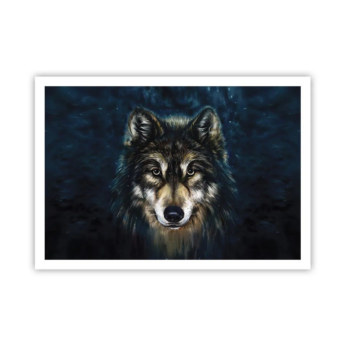 Poster - Ritratto di un lupo su sfondo blu scuro - 100x70cm - Alfa? E omega - Decorazione murale moderna per soggiorno e camera da letto ARTTOR