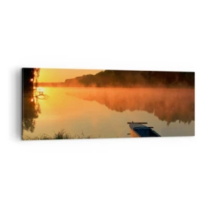 Quadro su tela - Stampe su Tela - Nebbia mattutina sul fiume con una barca sotto i raggi del sole - 140x50cm - Alba sull'acqua, come uno specchio - Decorazione murale moderna per soggiorno e camera da letto ARTTOR