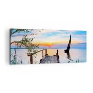 Quadro su tela - Stampe su Tela - Molo del lago con barca e tramonto - 120x50cm - Buona sera - Decorazione murale moderna per soggiorno e camera da letto ARTTOR