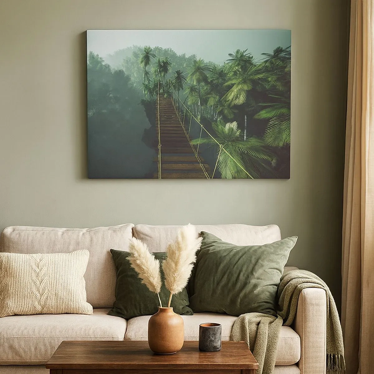 Quadro su tela - Stampe su Tela - Un ponte sospeso in una foresta tropicale circondato dalla nebbia. - 70x50cm - Nel vortice del verde - Decorazione murale moderna per soggiorno e camera da letto ARTTOR