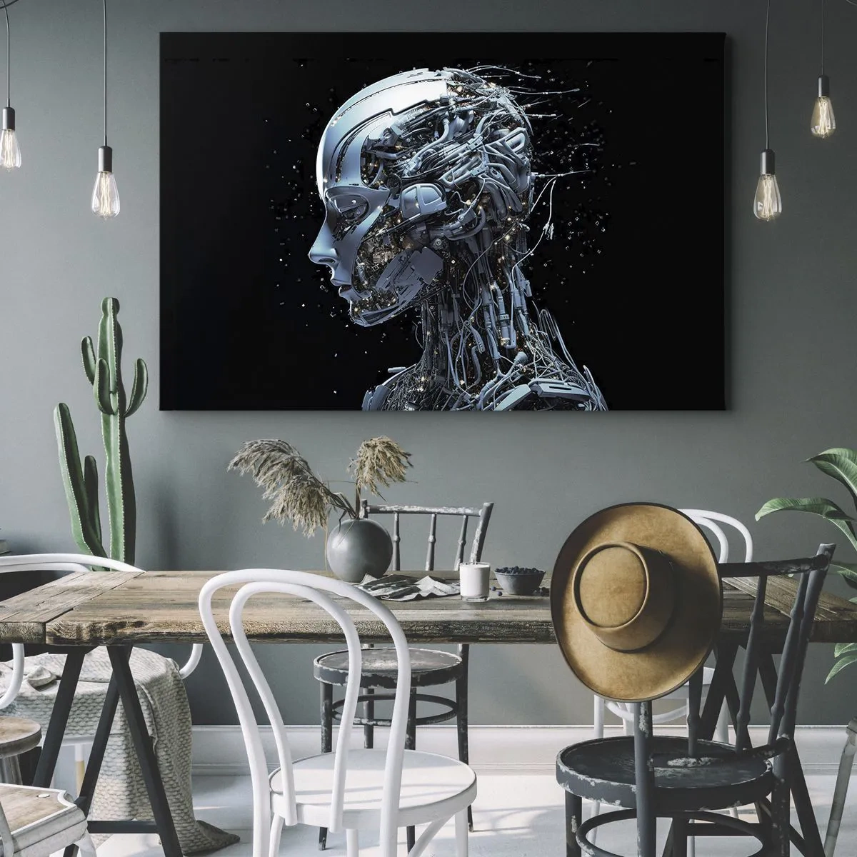 Quadro su tela - Stampe su Tela - Ritratto futuristico di un cyborg in stile industriale su sfondo nero. - 70x50cm - La tecnologia è donna - Decorazione murale moderna per soggiorno e camera da letto ARTTOR