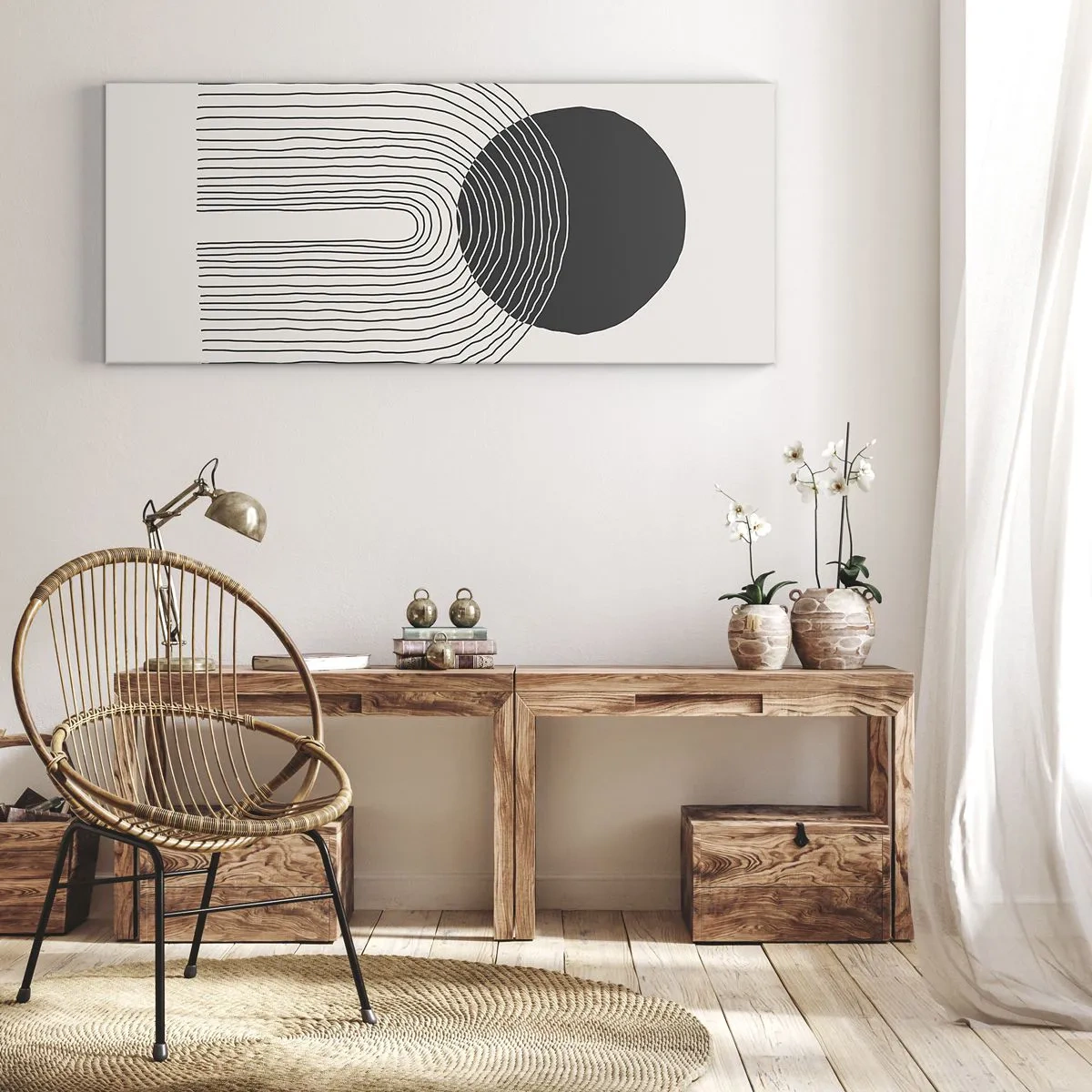 Quadro su tela - Stampe su Tela - Motivo astratto con linee e un cerchio nero su uno sfondo chiaro - 160x50cm - Tremore e fiducia - Decorazione murale moderna per soggiorno e camera da letto ARTTOR