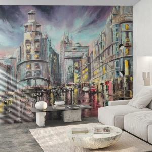 Fotomurali Premium Sand - Strada cittadina dopo la pioggia - 100x70cm - Sarà una serata riuscita - Decorazione murale moderna per soggiorno e camera da letto ARTTOR