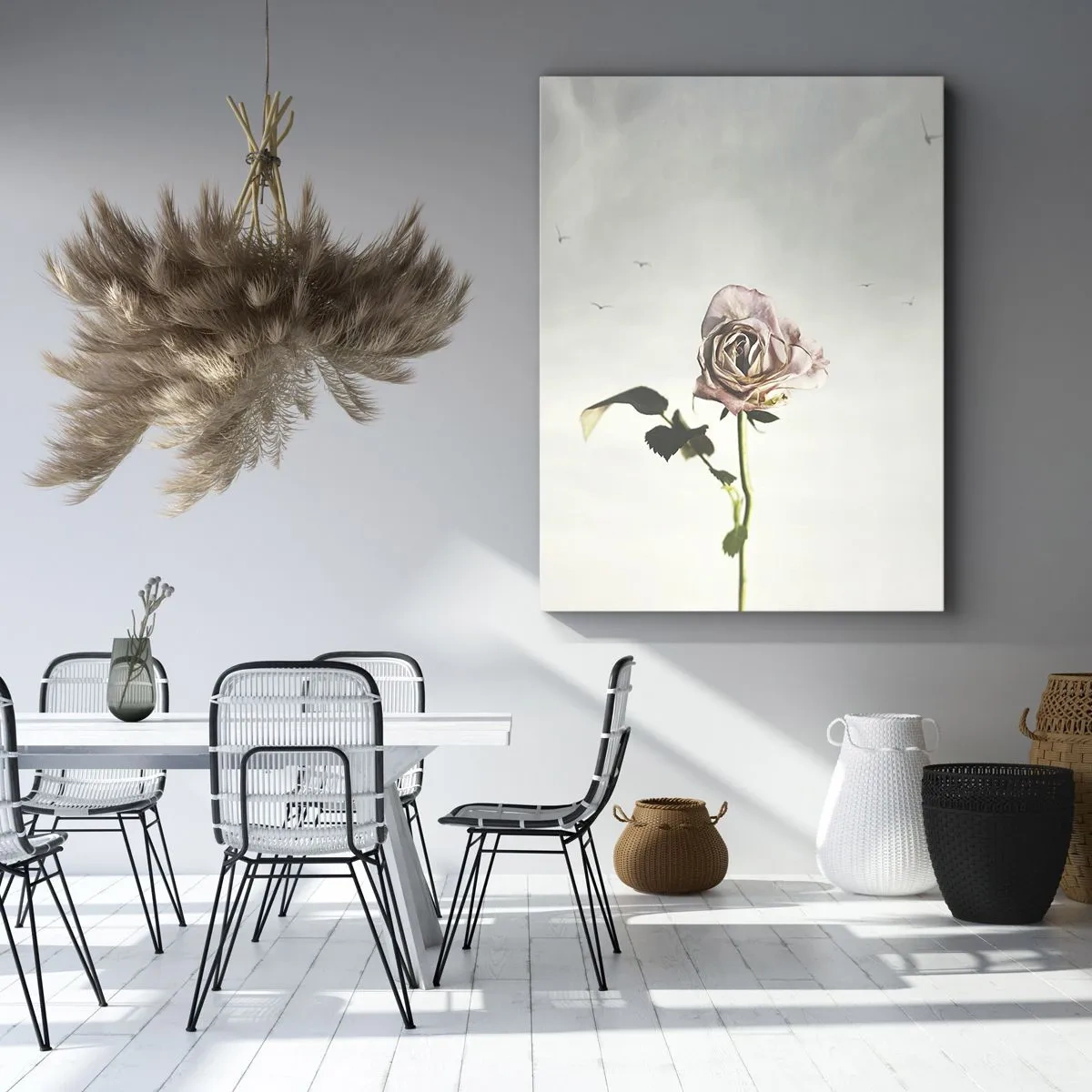 Quadro su tela - Stampe su Tela - Una rosa delicata contro un cielo luminoso con uccelli che volano - 50x70cm - Il benvenuto alla primavera - Decorazione murale moderna per soggiorno e camera da letto ARTTOR