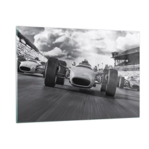 Quadro su vetro - Gara di auto d'epoca su una pista in bianco e nero - 120x80cm - C'è la forza! - Decorazione murale moderna per soggiorno e camera da letto ARTTOR