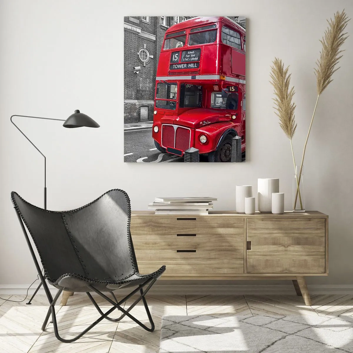 Quadro su vetro - Un autobus rosso a due piani a Londra sullo sfondo di un'architettura classica - 80x120cm - Sempre lo stesso - Decorazione murale moderna per soggiorno e camera da letto ARTTOR