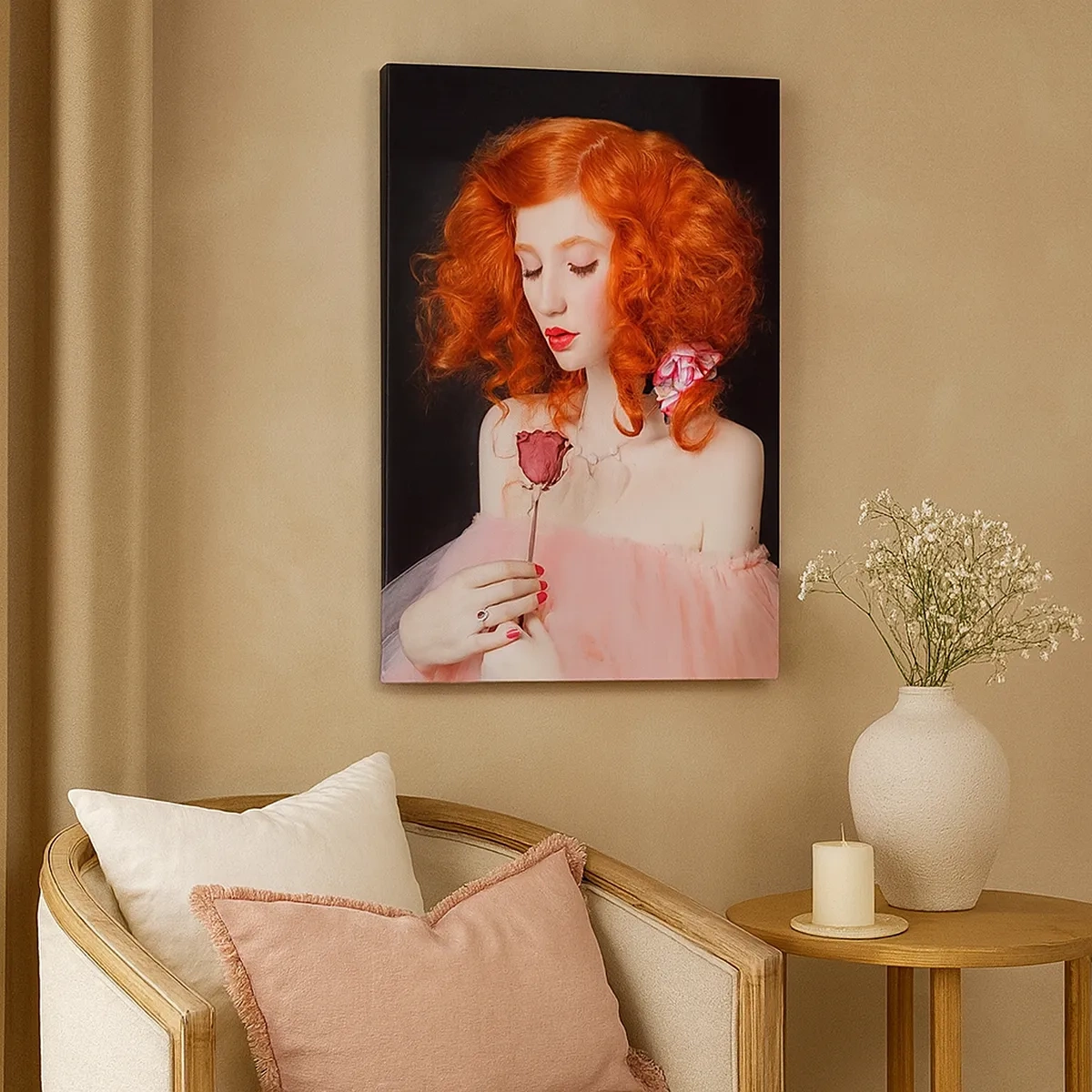 Quadro su tela - Stampe su Tela - Una donna con i capelli rossi che tiene una rosa - 50x70cm - In stile barocco - Decorazione murale moderna per soggiorno e camera da letto ARTTOR