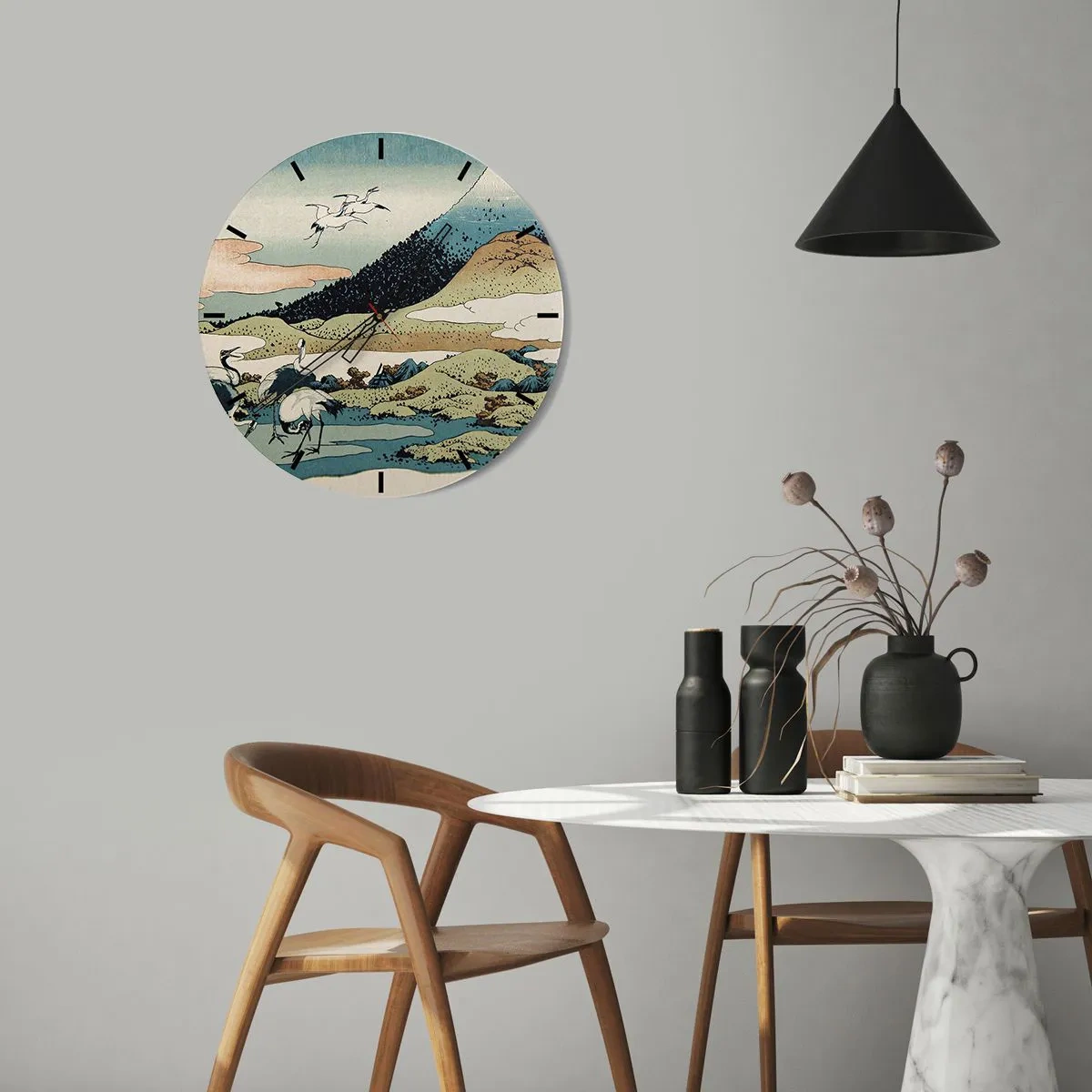 Orologio da parete - Orologio in Vetro - Scena giapponese con uccelli sullo sfondo di un paesaggio montano - 30x30cm - Nello spirito giapponese - Decorazione murale moderna per soggiorno, cucina e camera da letto ARTTOR