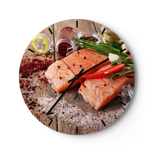 Orologio da parete - Orologio in Vetro - Filetto di salmone con spezie - 30x30cm - Avventura norvegese in cucina - Decorazione murale moderna per soggiorno, cucina e camera da letto ARTTOR