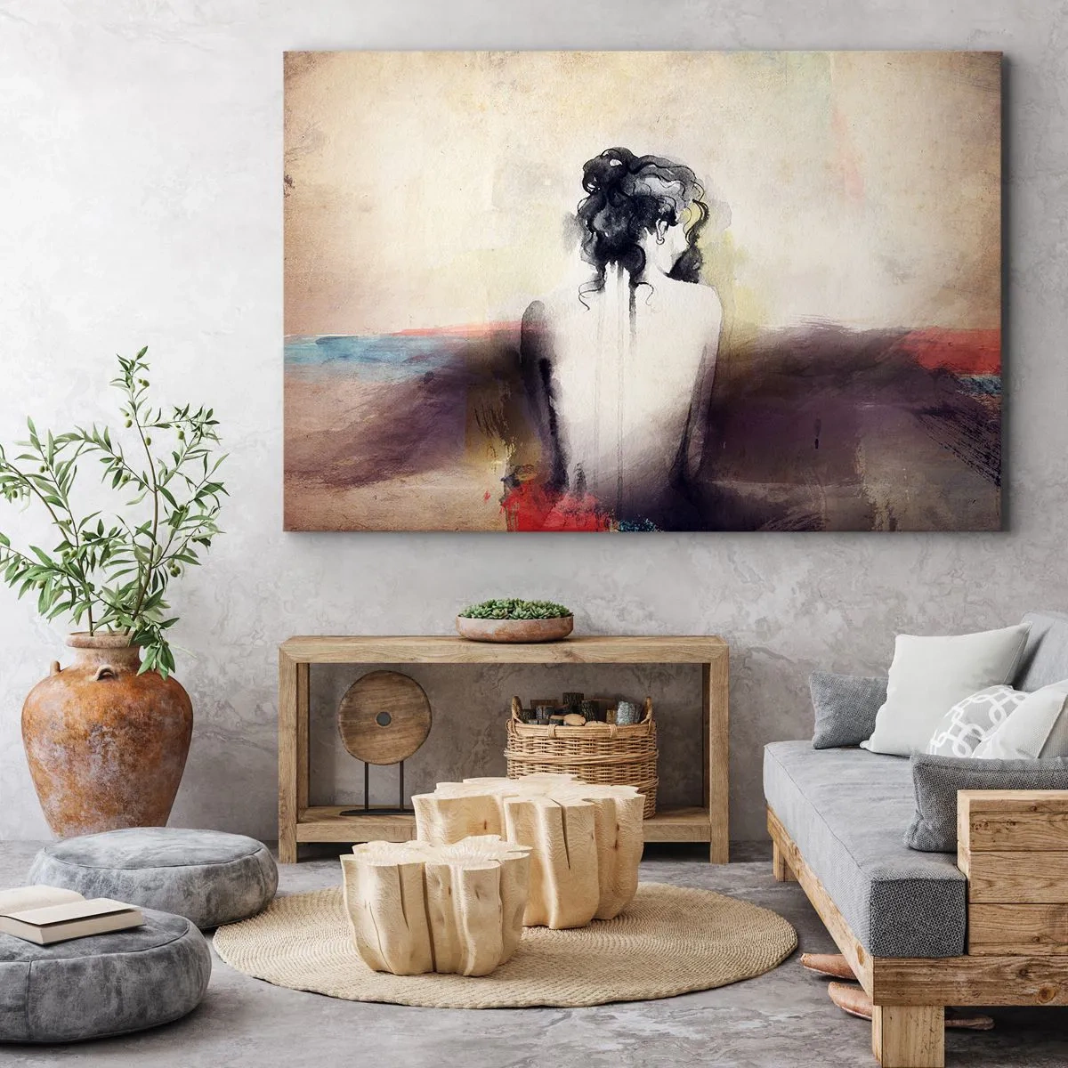Quadro su tela - Stampe su Tela - Un sottile ritratto di una donna in stile artistico - 70x50cm - Linee miti, forme ovali - Decorazione murale moderna per soggiorno e camera da letto ARTTOR