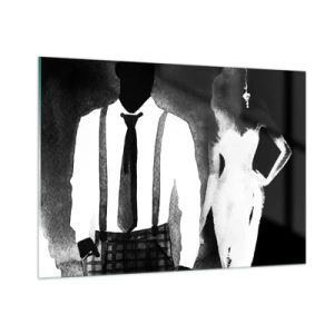 Quadro su vetro - Silhouette in bianco e nero di un'elegante coppia noir - 100x70cm - Atmosfera noir - Decorazione murale moderna per soggiorno e camera da letto ARTTOR