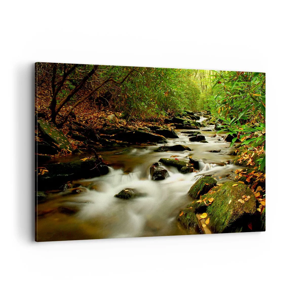 Quadro su tela - Stampe su Tela - Un ruscello nella foresta che scorre tra le pietre circondato dal verde - 120x80cm - Come argento liquido - Decorazione murale moderna per soggiorno e camera da letto ARTTOR