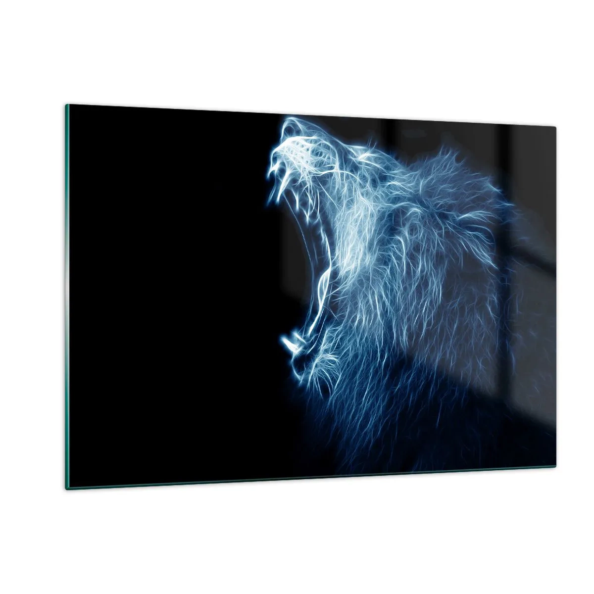 Quadro su vetro - Una suggestiva rappresentazione al neon di un leone ruggente su sfondo nero. - 120x80cm - La rabbia infuocata del re - Decorazione murale moderna per soggiorno e camera da letto ARTTOR