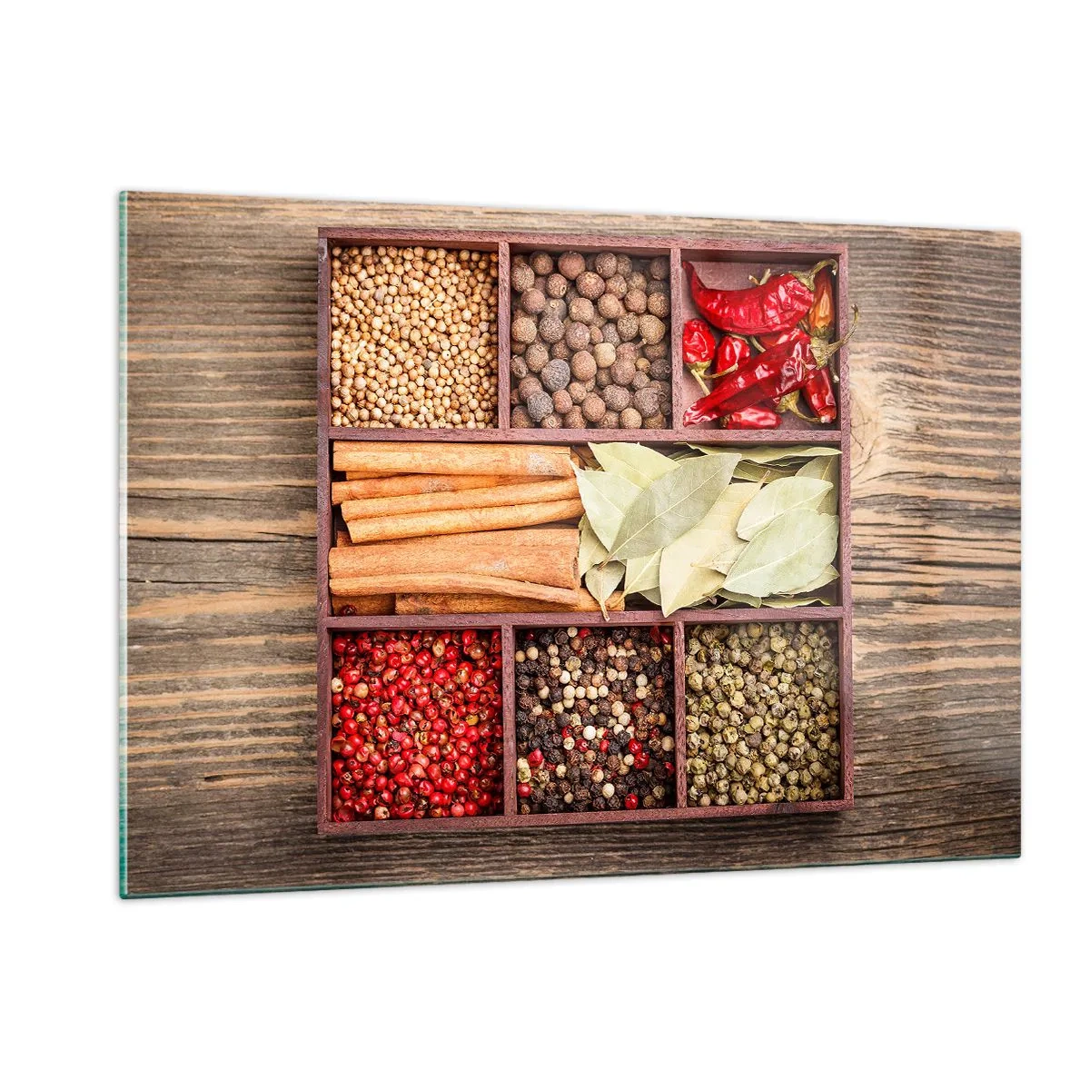 Quadro su vetro - Spezie colorate in scomparti di legno - 120x80cm - Ordine delle forme, bouquet degli aromi - Decorazione murale moderna per soggiorno e camera da letto ARTTOR