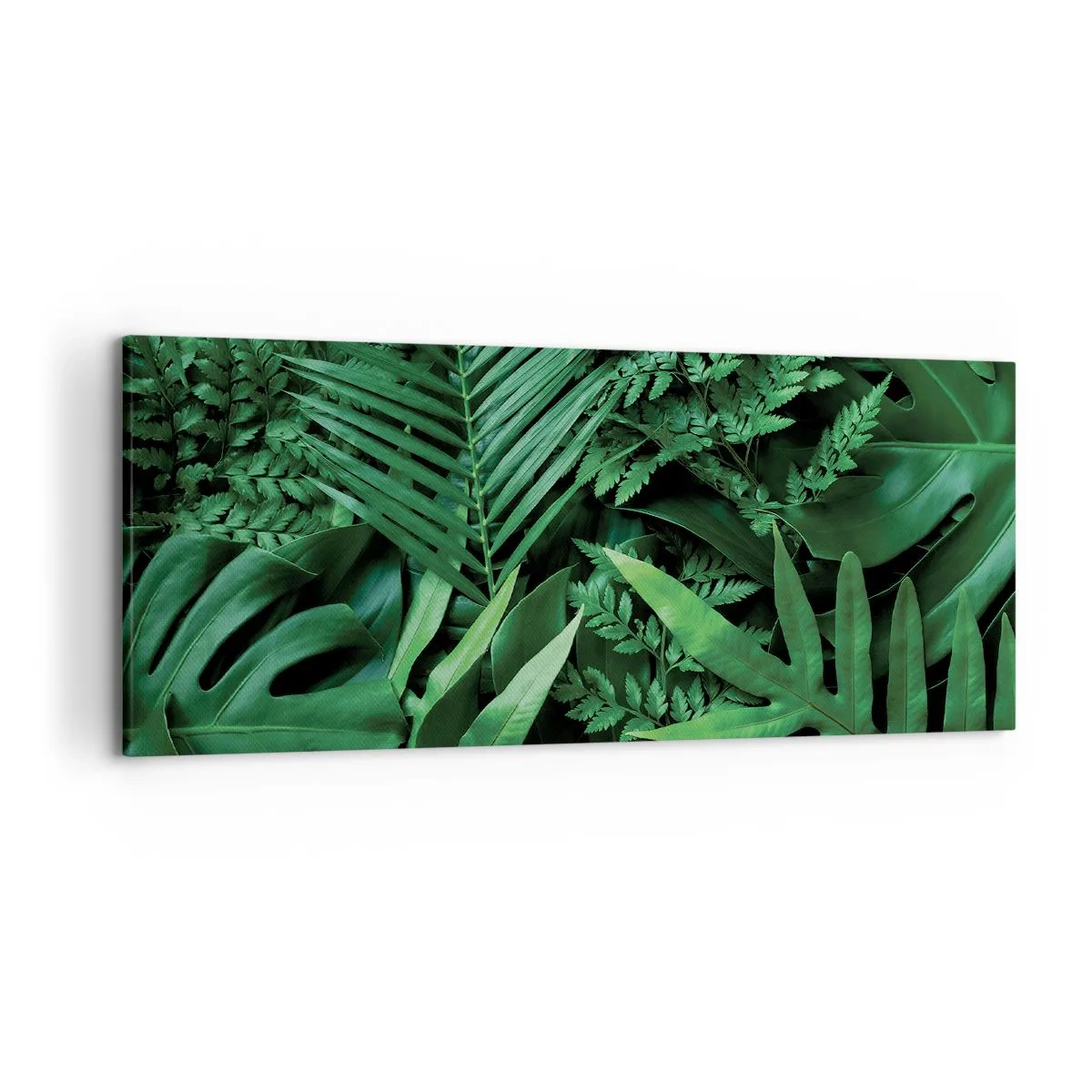 Quadro su tela - Stampe su Tela - Foglie tropicali verdi in una composizione densa e naturale - 120x50cm - Avvolti nel verde - Decorazione murale moderna per soggiorno e camera da letto ARTTOR