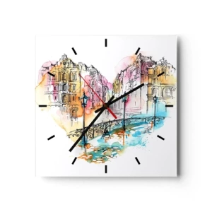 Orologio da parete - Orologio in Vetro - Acquerello di un ponte e case popolari a forma di cuore - 30x30cm - Il cuore della città - Decorazione murale moderna per soggiorno e camera da letto ARTTOR