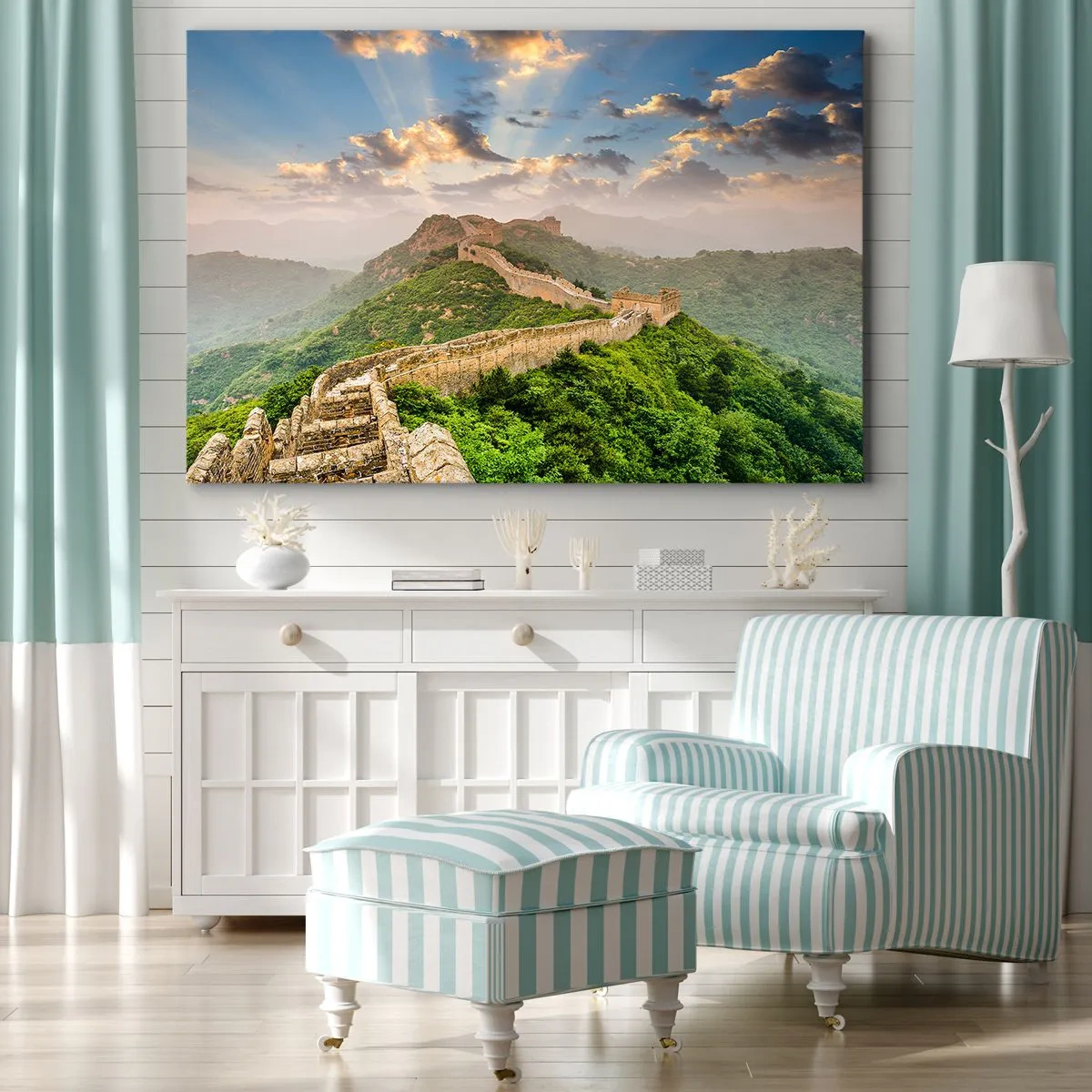 Quadro su tela - Stampe su Tela - La Grande Muraglia cinese illuminata dalla luce del sole in un paesaggio pittoresco - 120x80cm - La grandezza che non passa mai - Decorazione murale moderna per soggiorno e camera da letto ARTTOR