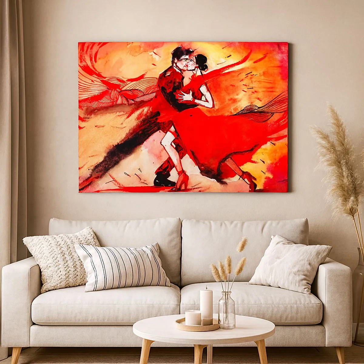 Quadro su tela - Stampe su Tela - Una coppia che balla il tango nei toni del rosso su uno sfondo dinamico. - 70x50cm - Il ritmo porpora della passione - Decorazione murale moderna per soggiorno e camera da letto ARTTOR