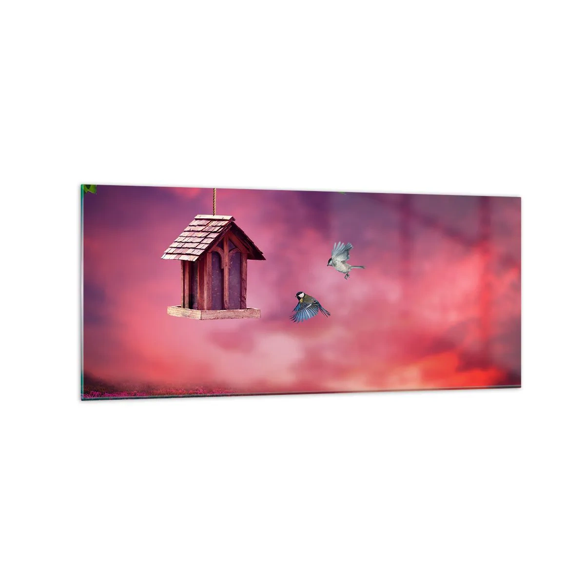 Quadro su vetro - Un paesaggio pittoresco con una casetta per gli uccelli e un tramonto - 120x50cm - Invito a cena - Decorazione murale moderna per soggiorno e camera da letto ARTTOR