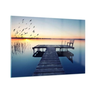 Quadro su vetro - Un molo sul lago con vista sul tramonto e sugli uccelli in volo - 100x70cm - È stata una buona giornata - Decorazione murale moderna per soggiorno e camera da letto ARTTOR