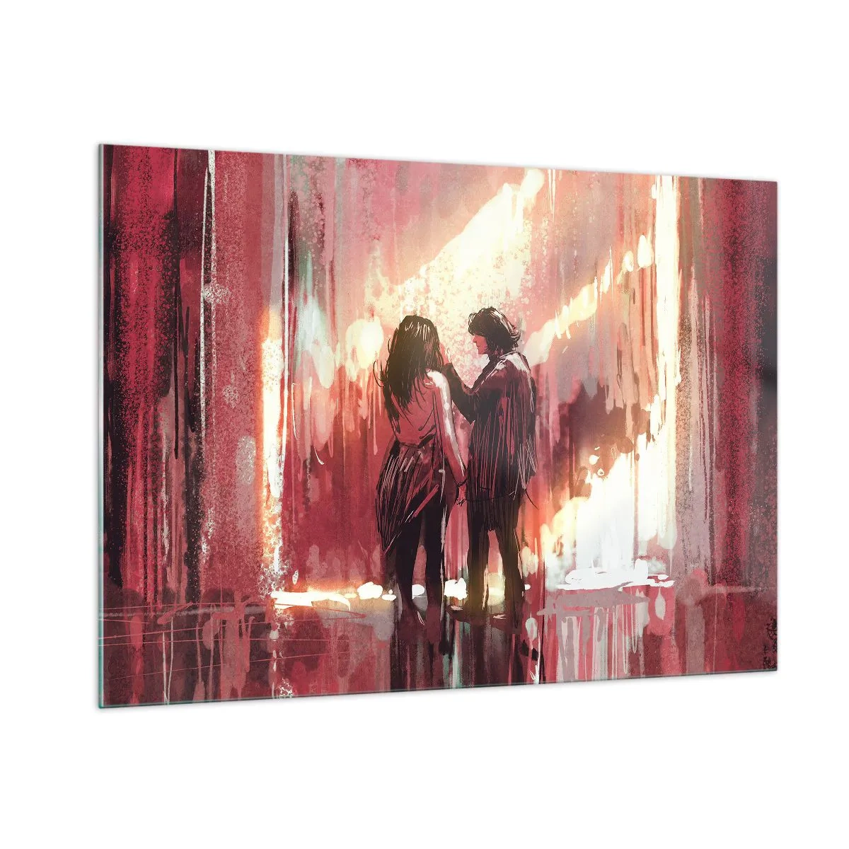 Quadro su vetro - Una coppia nella calda luce di un ambiente astratto - 100x70cm - L'eterno spettacolo dell'amore - Decorazione murale moderna per soggiorno e camera da letto ARTTOR