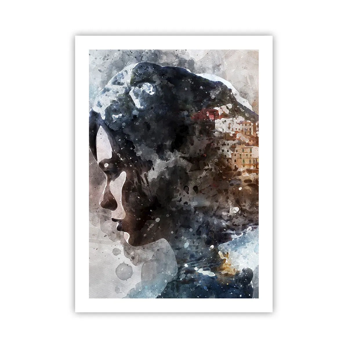 Poster - Silhouette di una donna con un paesaggio acquerello sullo sfondo - 50x70cm - Racconto su una ragazza con città sullo sfondo - Decorazione murale moderna per soggiorno e camera da letto ARTTOR