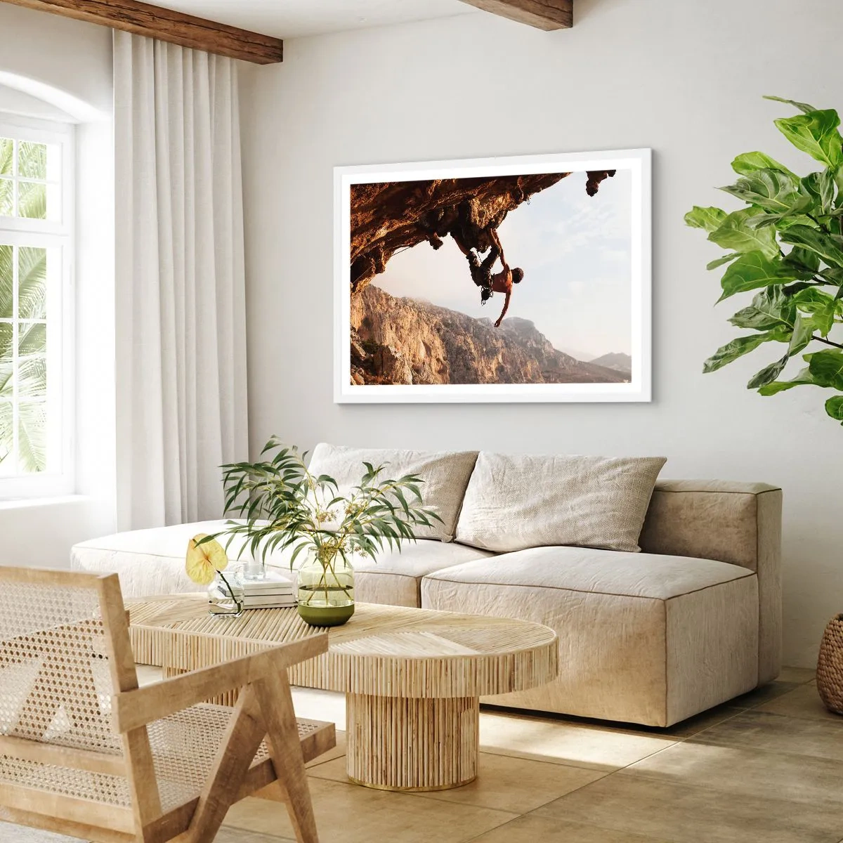 Poster in cornice bianca - Il mondo ristretto in una mano sul bordo del masso - 100x70 cm