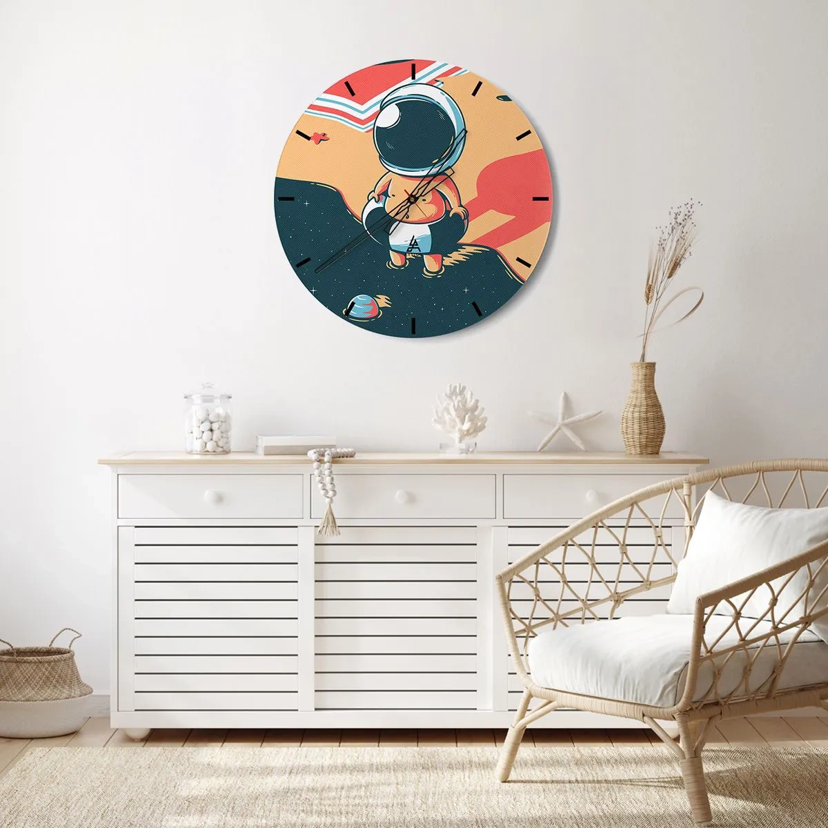 Orologio da parete - Orologio in Vetro - Astronauta su uno sfondo spaziale in stile retrò - 30x30cm - Da un'altra prospettiva - Decorazione murale moderna per soggiorno, cucina e camera da letto ARTTOR