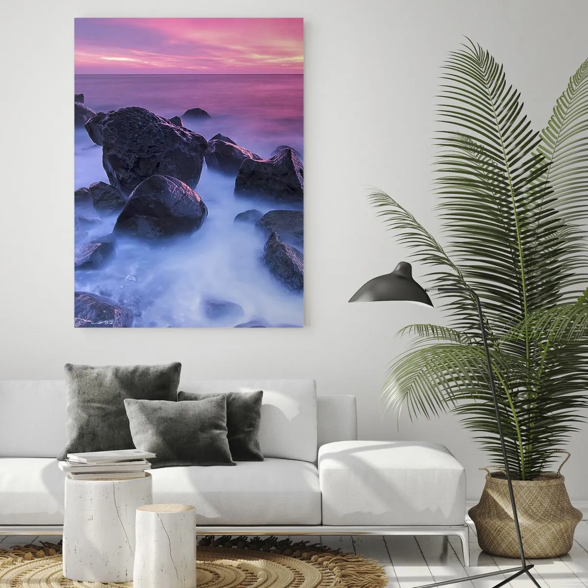 Quadro su vetro - Costa rocciosa al tramonto - 80x120cm - Nascita nella luce e nella nebbia - Decorazione murale moderna per soggiorno e camera da letto ARTTOR