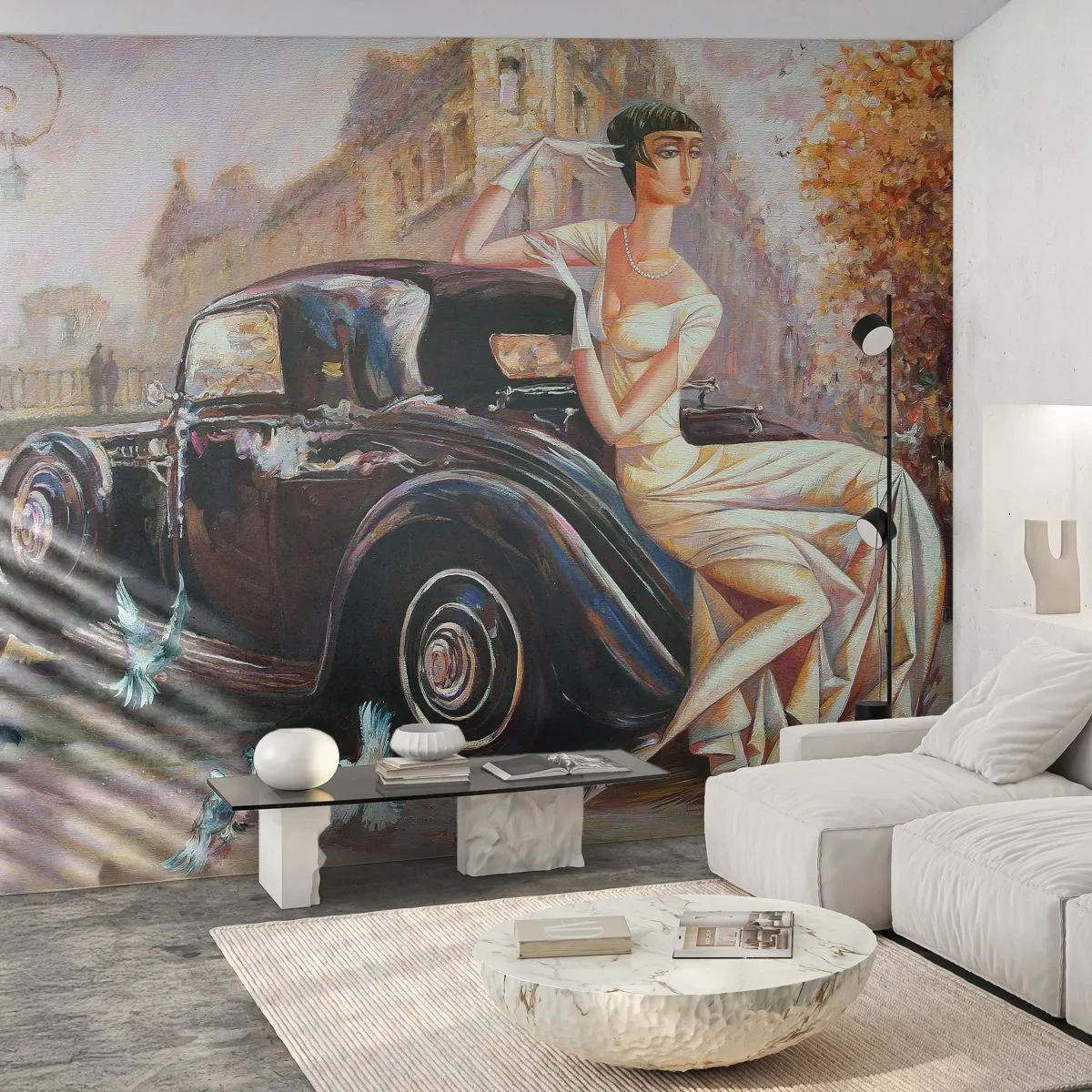 Fotomurali Standard Eco - Eleganza in stile retro - Auto retrò, Donna, Palazzo - 200x140 cm