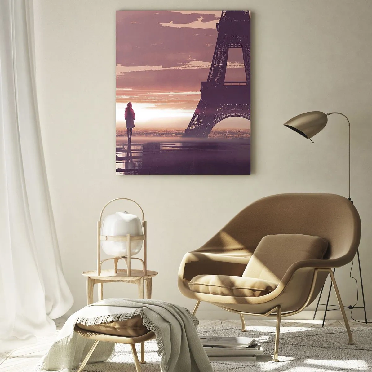Quadro su vetro - Una figura che guarda la Torre Eiffel alla luce del sole al tramonto - 80x120cm - Solo loro due - Decorazione murale moderna per soggiorno e camera da letto ARTTOR