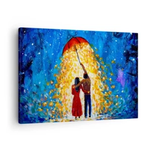 Quadro su tela - Stampe su Tela - Una coppia sotto un ombrello rosso sotto la pioggia luminosa - 70x50cm - La magia di una sera piovosa? - Decorazione murale moderna per soggiorno e camera da letto ARTTOR