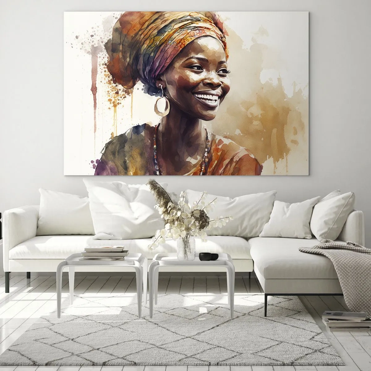 Quadro su vetro - Ritratto ad acquerello di una donna sorridente con un turbante - 120x80cm - Regina africana - Decorazione murale moderna per soggiorno e camera da letto ARTTOR