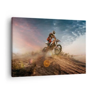 Quadro su tela - Stampe su Tela - Motociclista tra le dune al tramonto - 70x50cm - Verso la vittoria - Decorazione murale moderna per soggiorno e camera da letto ARTTOR