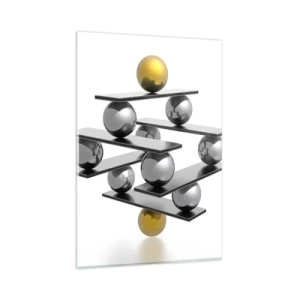 Quadro su vetro - Composizione geometrica con sfere metalliche e accenti dorati - 80x120cm - Equilibrio oro e argento - Decorazione murale moderna per soggiorno e camera da letto ARTTOR