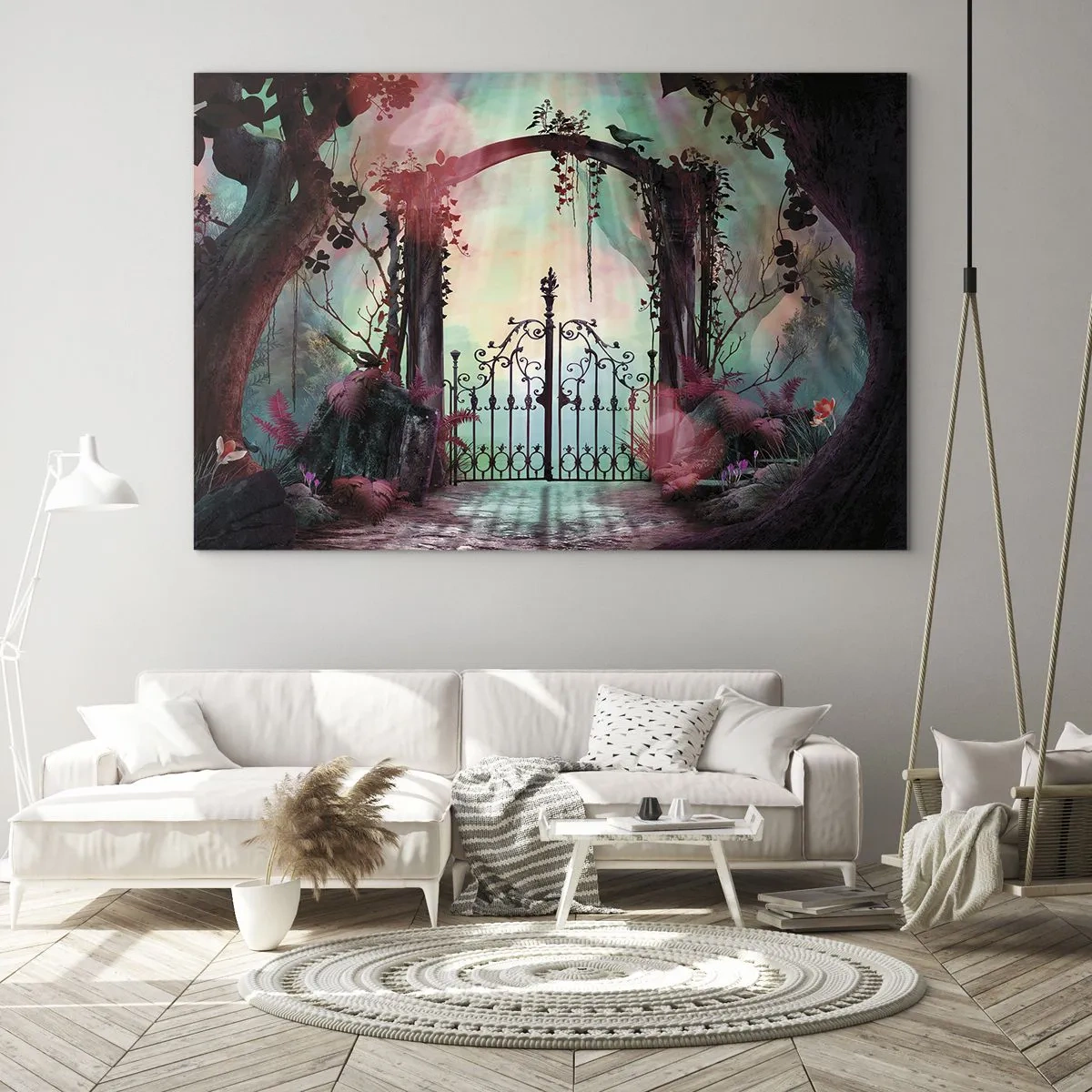 Quadro su vetro - Porte magiche in una foresta da favola - 100x70cm - Il giardino dei misteri - Decorazione murale moderna per soggiorno e camera da letto ARTTOR