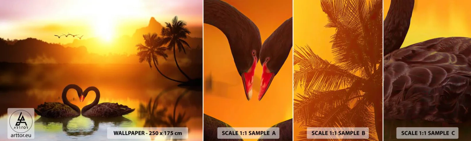 Campione di Fotomurale Adesivo Deluxe Sticker - Tutto in coppia - Cuore, Cigni, Palma da cocco - 100x30 cm