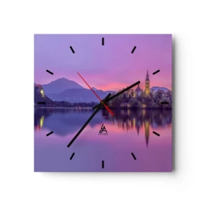 Orologio da parete - Orologio in Vetro - Lago con un'isola e una chiesa al tramonto - 30x30cm - Isola favolosa al crepuscolo - Decorazione murale moderna per soggiorno e camera da letto ARTTOR