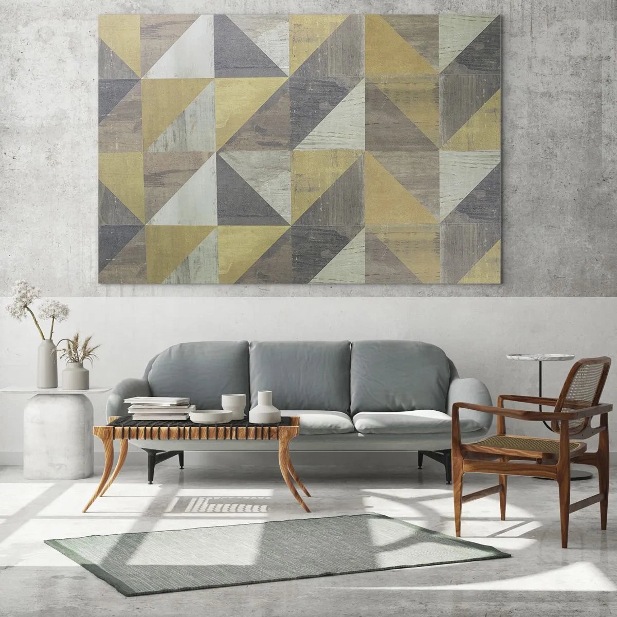 Quadro su vetro - Composizione geometrica di triangoli in tonalità terrose - 140x50cm - Secondo i triangoli - Decorazione murale moderna per soggiorno e camera da letto ARTTOR