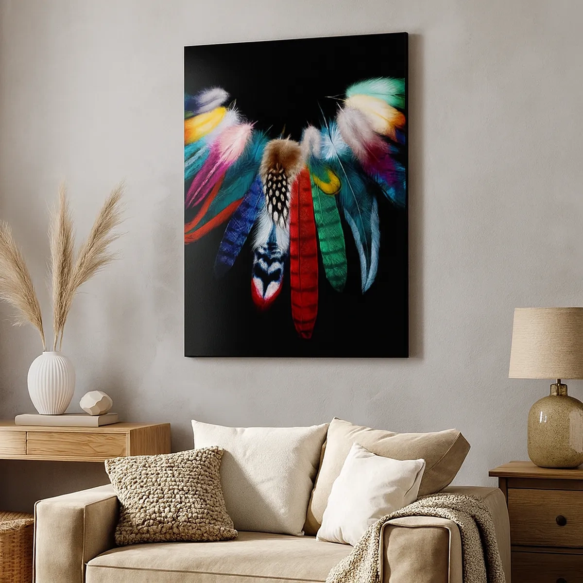 Quadro su tela - Stampe su Tela - Piume colorate su sfondo nero in una composizione artistica - 50x70cm - Collana indiana - Decorazione murale moderna per soggiorno e camera da letto ARTTOR