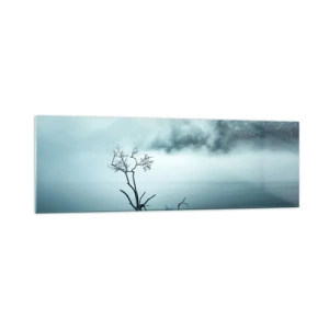 Quadro su vetro - Un albero solitario nell'acqua circondato da nebbia e montagne - 160x50cm - Dall'acqua e dalla nebbia - Decorazione murale moderna per soggiorno e camera da letto ARTTOR