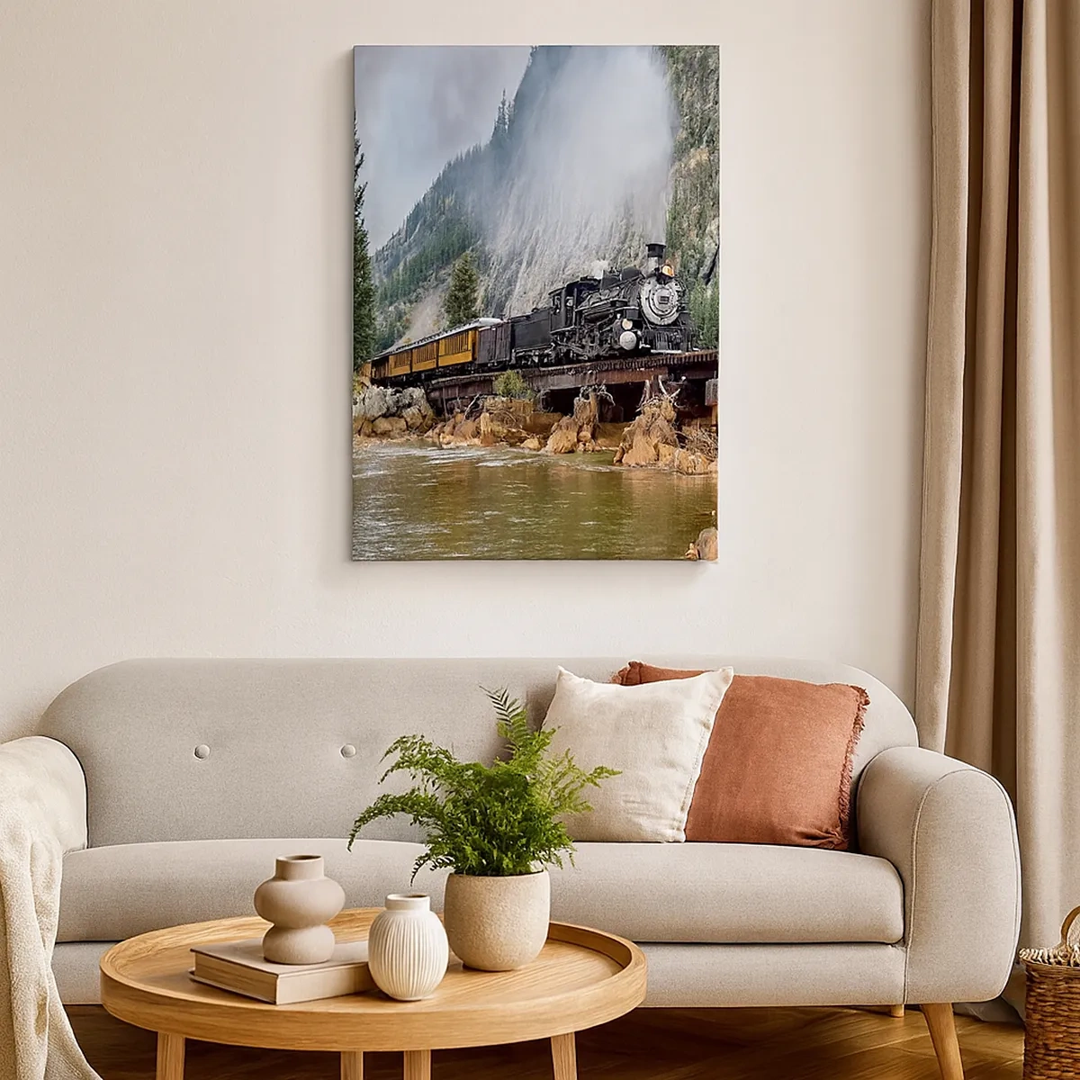 Quadro su tela - Stampe su Tela - Una locomotiva a vapore su un ponte in un pittoresco paesaggio montano - 50x70cm - Dove andiamo? - Decorazione murale moderna per soggiorno e camera da letto ARTTOR