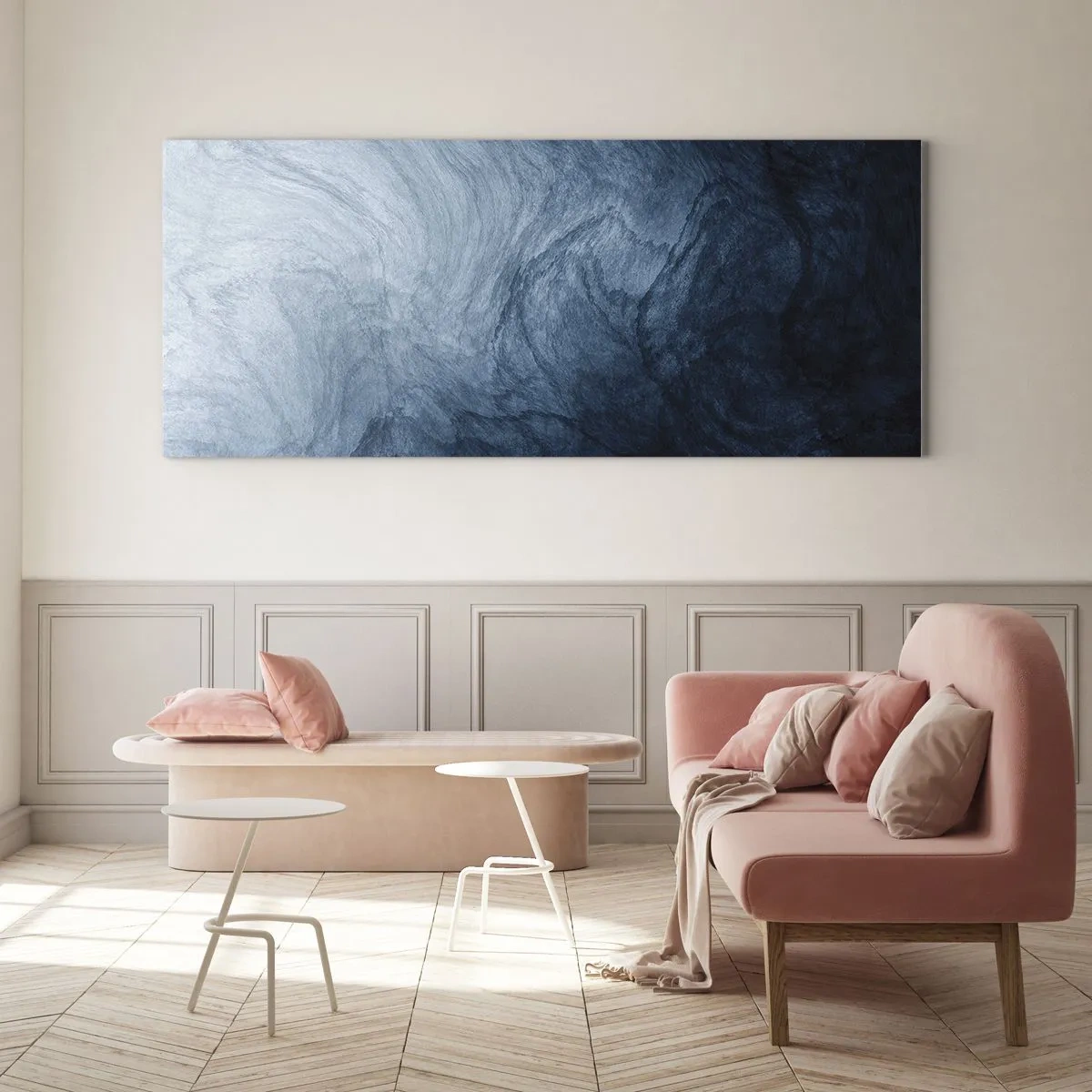 Quadro su vetro - Una composizione astratta nei toni del blu e del blu navy. - 140x50cm - Arrivando in profondità - Decorazione murale moderna per soggiorno e camera da letto ARTTOR
